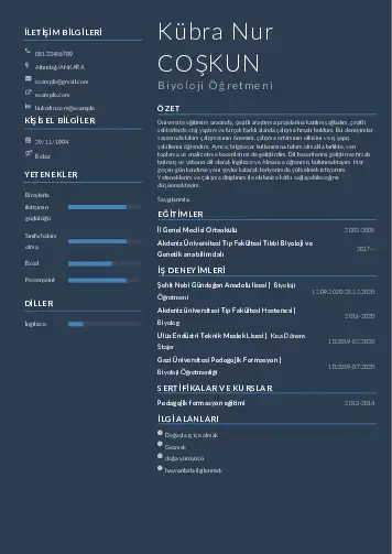 Biyoloji Öğretmeni CV Örnekleri cv indir